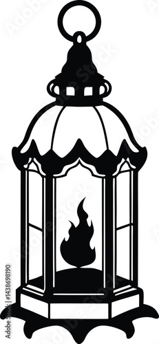 Vintage Lantern Silhouette with Candle Flame and Ornate Design 