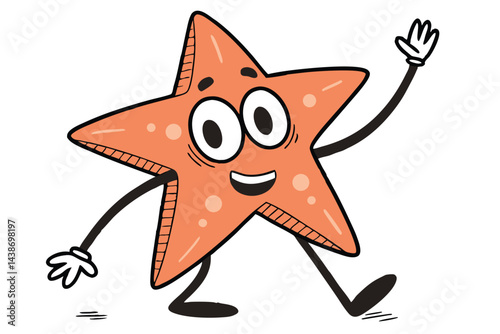 Cheerful Starfish Cartoon Character Walking and Waving, Isolated on White Background, Perfect for Children's Illustration and Creative Design.