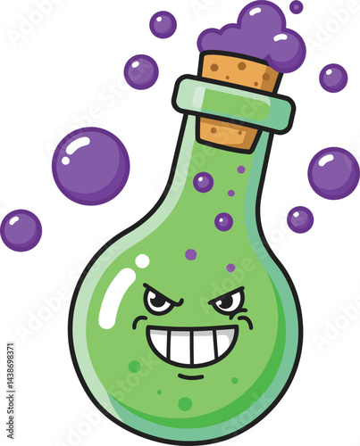 Cartoon green potion bottle with cork and purple bubbles magical chemistry vector illustration 
