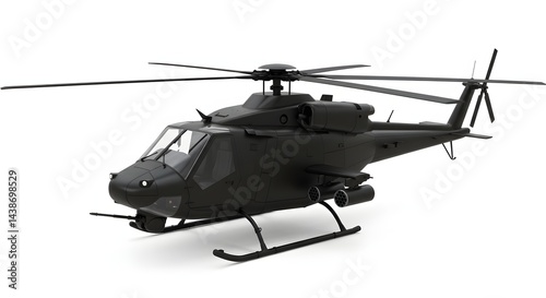 High-resolution 3D render of a modern black military helicopter, centered on a white background