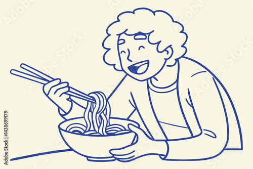 Happy Person Enjoying Noodles with Chopsticks - Minimalist Line Art Vector Illustration.