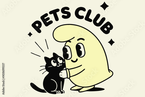 Pets Club Cartoon Mascot Character Hugging Black Cat, Comic Style Illustration For Animal Related Design.