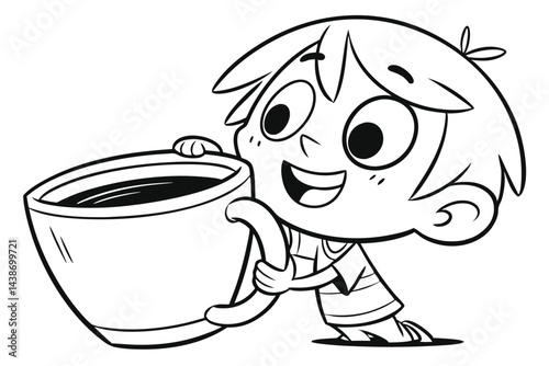 Cartoon Boy Holding a Giant Coffee Cup, Black and White Illustration, Fun Child Character, Energetic Drink