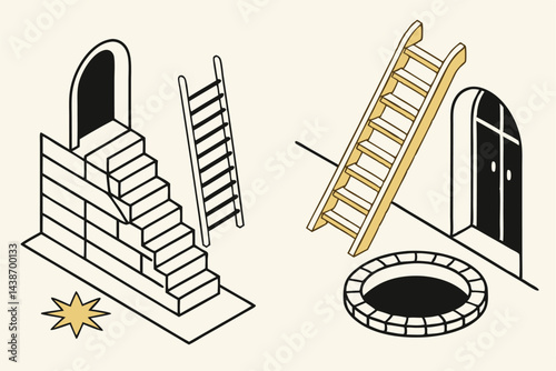 Minimalist Isometric Vector Illustration Featuring Stairs, Ladders, an Archway, a Window and a Well.
