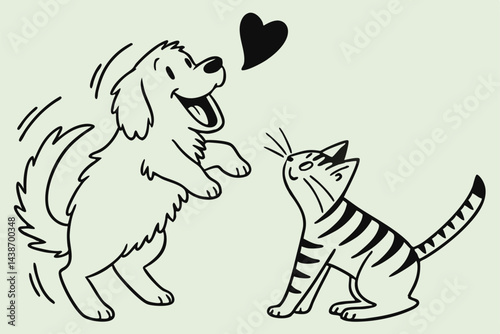 Cartoon Dog and Cat Friends with Heart, Cute Animals in Line Art Style Illustration, Pet Friendship Concept.