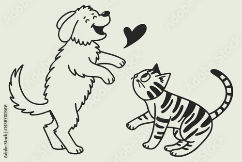 Playful Line Art Illustration of a Happy Dog and Curious Cat, with a Heart Symbol.