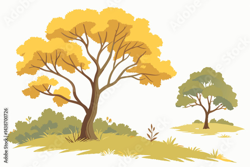 Autumn Landscape with Two Trees and Shrubs, Featuring Yellow and Green Foliage in a Flat Vector Style.