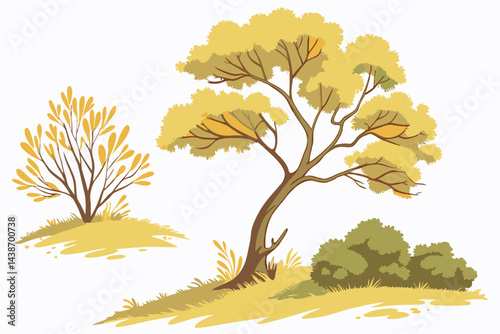 Autumnal Landscape with Trees and Bushes in Warm Tones, Vector Illustration for Graphic Design and Seasonal Content.
