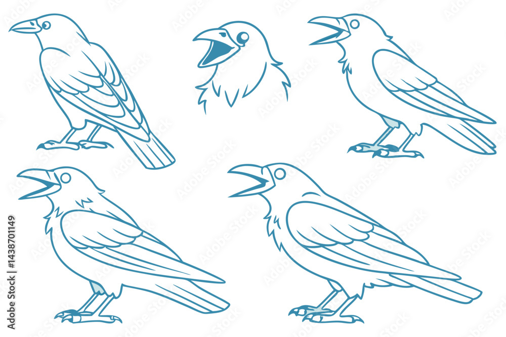 Set of Outline Raven Illustrations, Graphic Crow Drawing Vector Elements in Various Poses, Isolated on White Background, Suitable for Halloween. Set of Outline Raven Illustrations, Graphic Crow Drawing Vector Elements in Various Poses, Isolated on White Background, Suitable for Halloween.