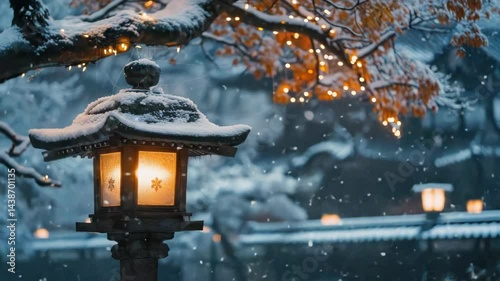 Snowy winter night lantern scene