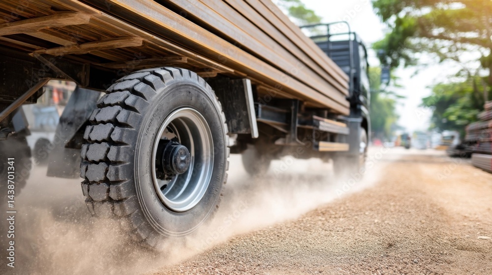Obraz premium Close-up of truck tire kicking up dust on gravel road, carrying metal beams, moving fast on construction site.