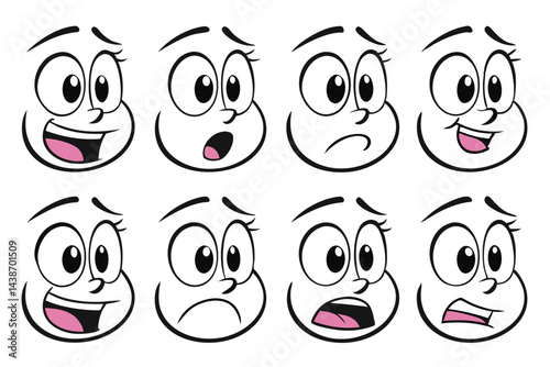 Vector Set Featuring Different Expressions of Happiness, Sadness, and Surprise for Animation and Design.