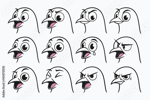 Cartoon Bird Character Emoticon Set Featuring Various Expressions, Emotions, and States of Mind in Vector Illustration