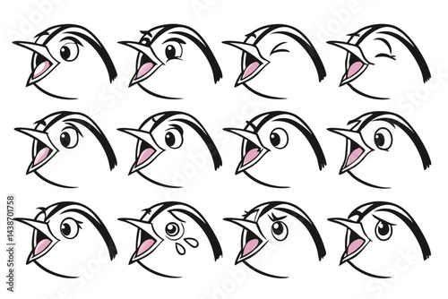 Cartoon Bird Head Expressions, Singing, Winking, Crying, Angry, Sad, Various Emotion Faces, Avian Character, Isolated on White Background