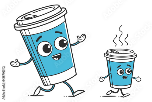 Two Takeout Coffee Cups Animated Characters Running, One With Steam Isolated on White Background Vector Illustration.