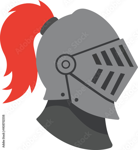 Medieval knight helmet with red plume vector illustration in simple flat style for historical and fantasy designs
