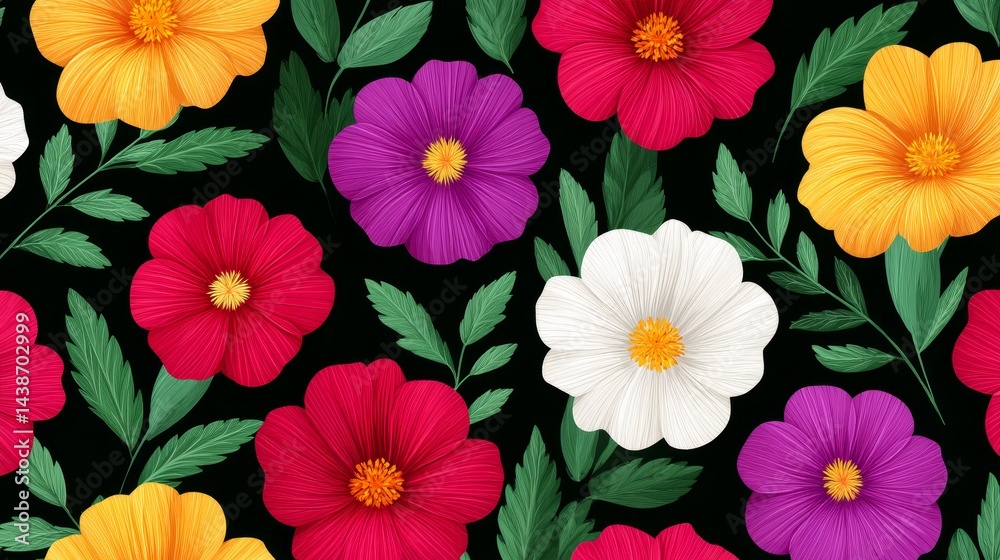 Fototapeta premium Floral Pattern with Vibrant Blooms - A cheerful, vibrant pattern featuring colorful flowers and leaves. Symbolizing nature, beauty, growth, renewal, and joy