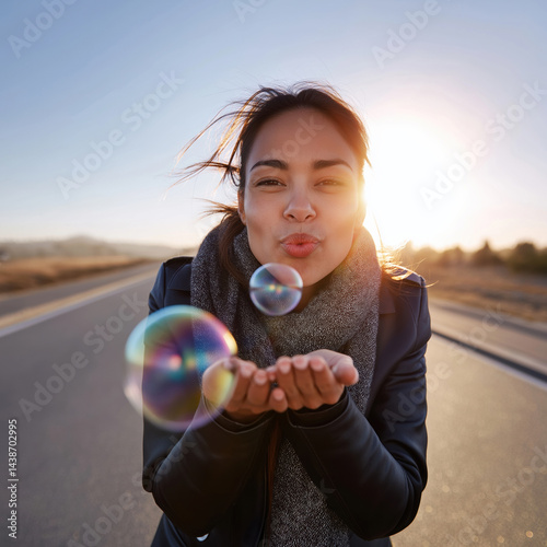 Woman blowing bubbles on a deserted road during sunset in a tranquil countryside setting