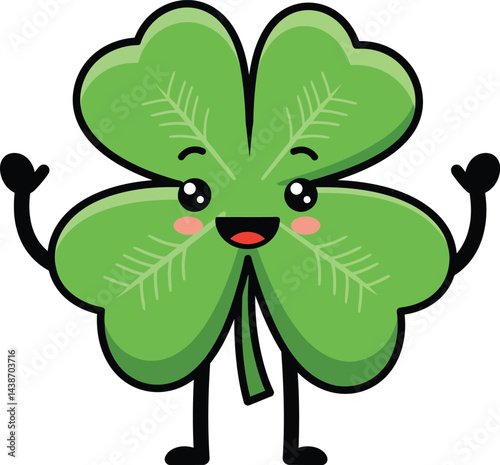 Four leaf clover lucky charm with smiling face and joyful arms vector illustration for good fortune and happiness design 