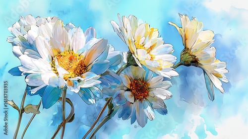 Abstract daisies with sunlit yellow petals and soft blue backgrounds - watercolor style, textile design