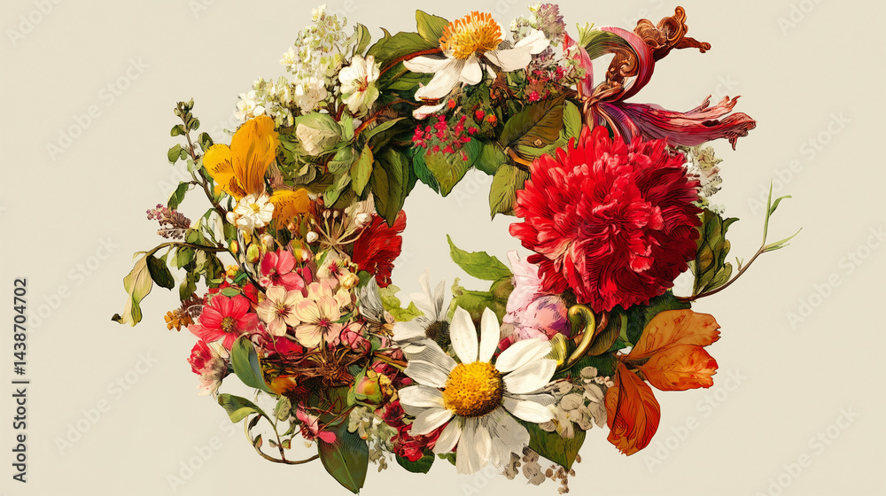 Obraz premium Circular botanical wreath with ornamental scroll leaves and wild garden flowers - greeting cards