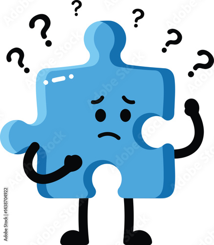 Blue puzzle piece character with confused expression surrounded by question marks vector illustration 