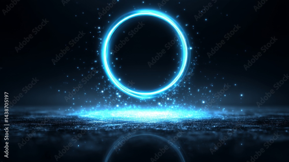 Fototapeta premium Glowing Blue Ring Futuristic Portal - Abstract art, futuristic technology, glowing circle, energy, portal, mystery