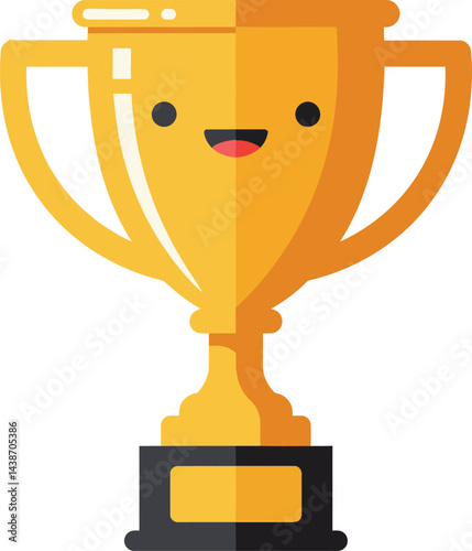 Cute smiling golden trophy cup award for achievement and success vector illustration cheerful design 