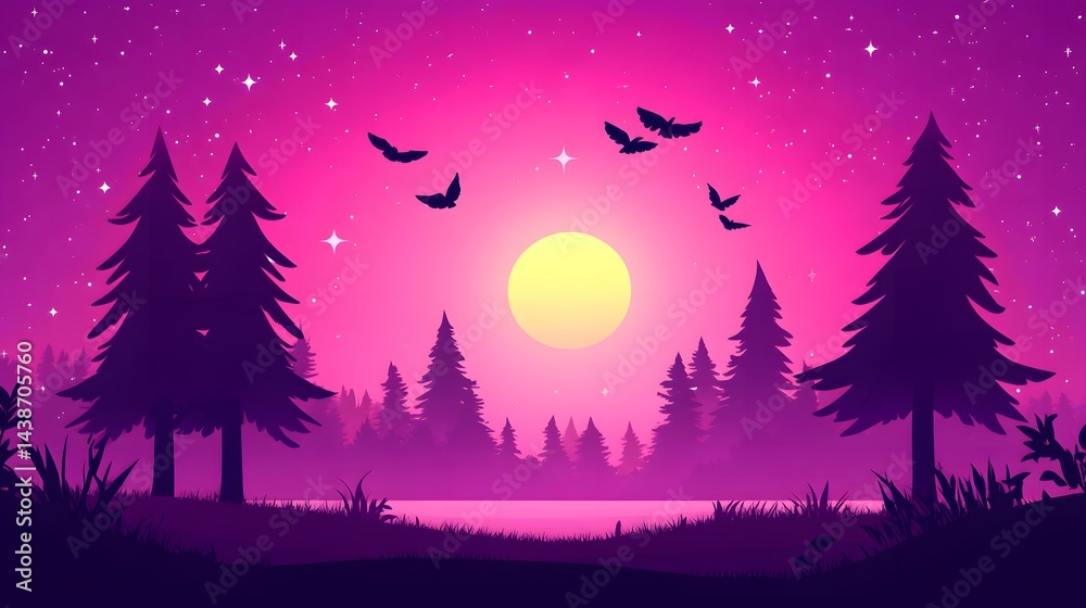 Naklejka premium Magical Pink Sunset Forest Landscape with Silhouetted Trees and Flying Bats