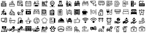 A compact yet comprehensive set of 72 hotel services icons, showcasing key features of hospitality such as accommodations, amenities, and guest services, ideal for travel and tourism projects