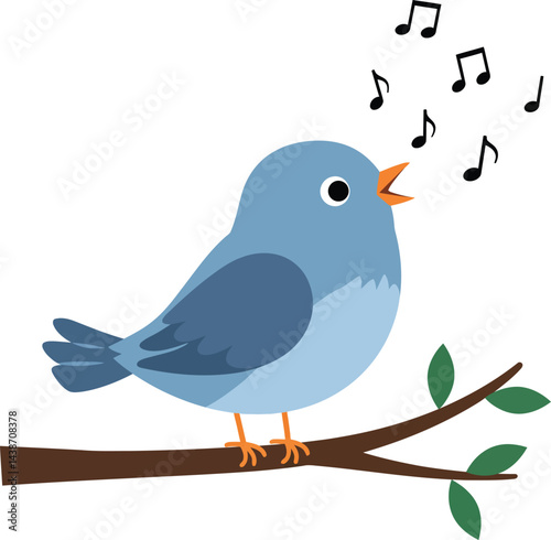 Blue bird singing on tree branch illustration with musical notes vector artwork
