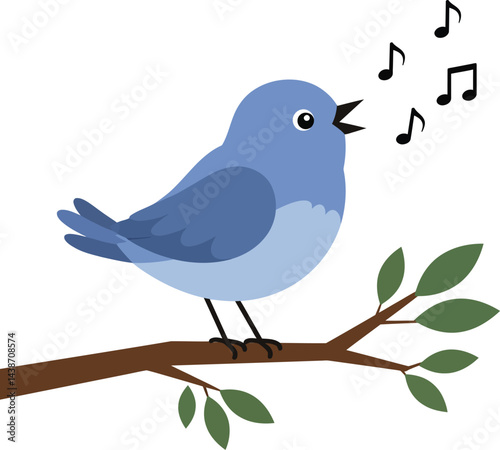 Blue bird singing on leafy branch vector illustration with music notes and nature elements 