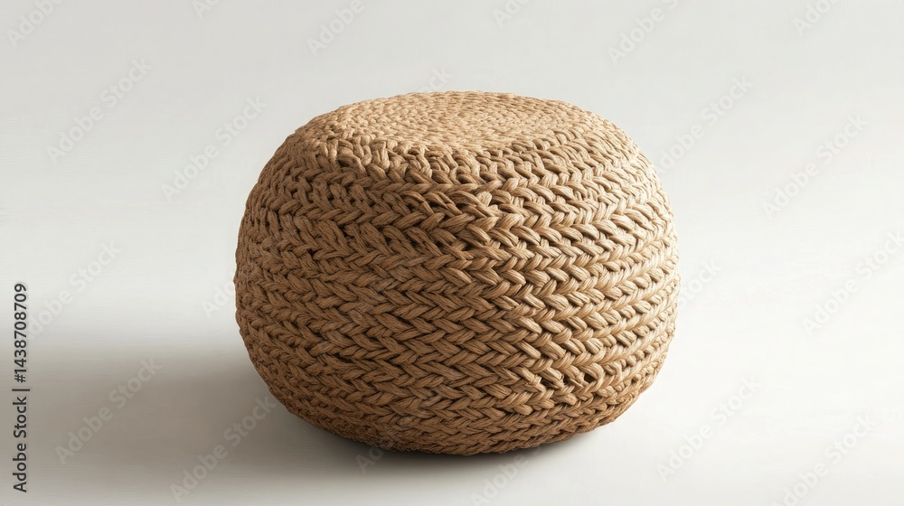 A modern pouf-style stool with a woven jute surface and braided textures A modern pouf-style stool with a woven jute surface and braided textures