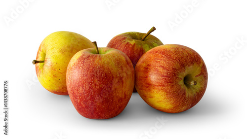 Group of four red apples with yellow and green spots, a sweet-tart crisp textured variety, isolated on white background with soft transparent shadows