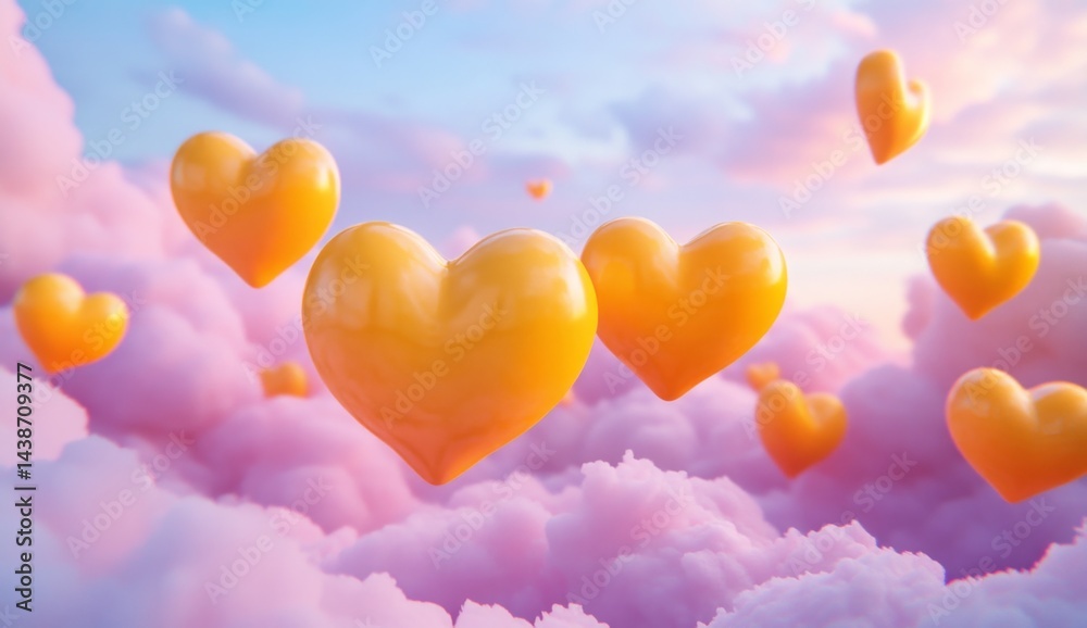 Floating heart shapes among pastel clouds Floating heart shapes among pastel clouds