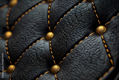 Luxurious Black Leather Texture Deeply Textured Diamond Stitched Golden Accents Close Up Detail Shot