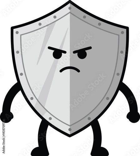 Angry shield character illustration with arms and legs expressing protection and defense vector graphic 