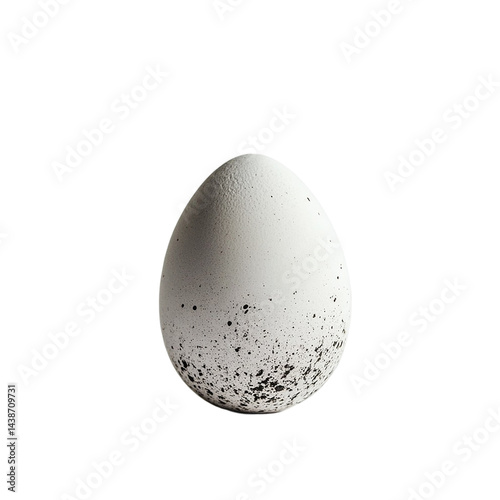 A speckled white egg sits alone isolated on transparent background