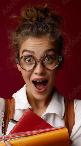 Begeistertes Mädchen mit Brille, Zopf und roten Büchern auf rotem Hintergrund