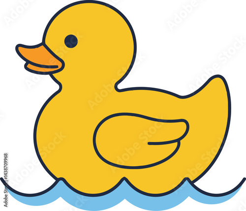 Yellow rubber duck floating on blue water waves simple vector illustration for children and toys design 