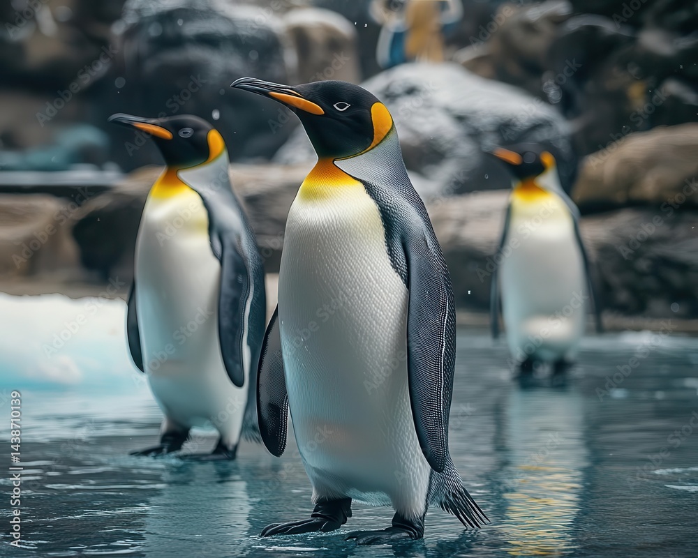 Fototapeta premium A shot of penguins walking on ice in a natural habitat, Wildlife, Cute and cold