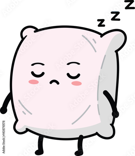Cute cartoon pillow character sleeping with closed eyes and zzz symbols vector illustration 