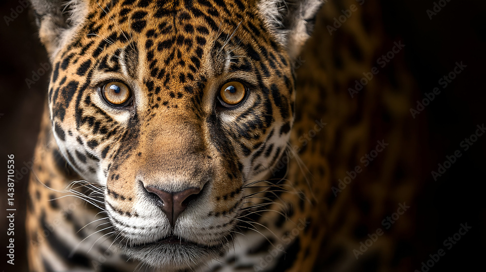 Obraz premium A jaguar staring directly into the camera lens, its intense gaze captivating, captured in HD with natural light from a frontal angle