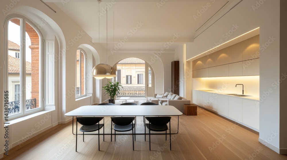 Fototapeta premium A dining area with a modern design, a kitchen, and an empty living room with a white wall are all featured in this stylish apartment. It offers a panoramic view of the yard and arched roofs.
