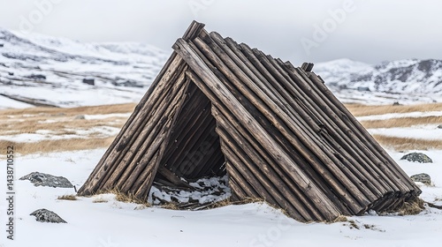 Rustic Wooden Shelter in Snowy Mountain Landscape photo