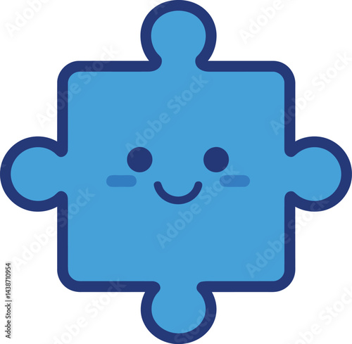 Blue smiling puzzle piece cartoon character vector illustration with simple friendly design 