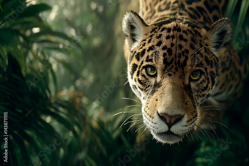 A jaguar with its head held high, surveying the jungle from a high rock, captured in HD with intense focus and the jungle spread out below