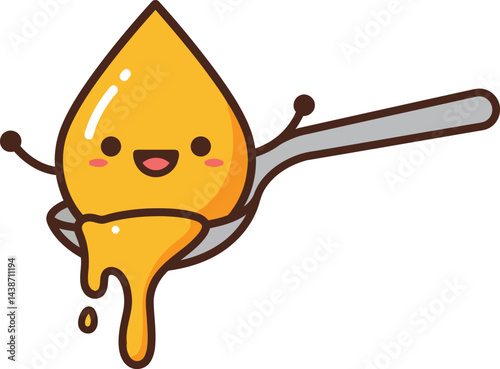 Cute smiling honey drop character dripping from silver spoon vector illustration with cheerful expression 