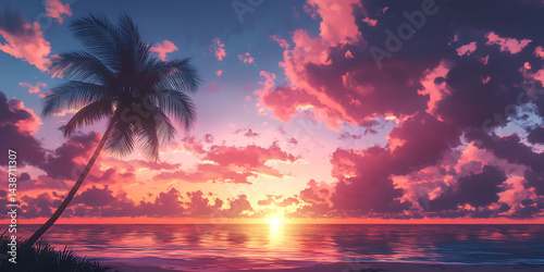 Palm tree silhouette against a vibrant sunset ocean view
