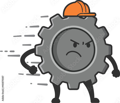 Angry mechanical gear character with orange helmet showing frustration and motion in industrial vector illustration 